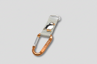 Iceland puffin carabiner keychain with woven strap, bronze metal clip, and engraved Iceland text