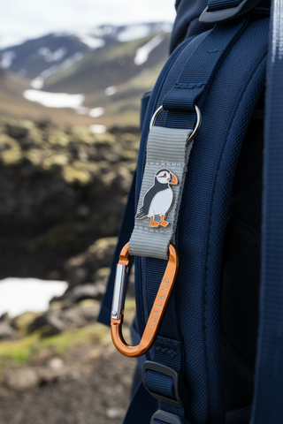 Keychain with penguin design and 'Iceland' text on a white background