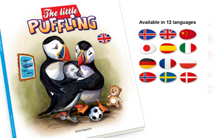 Children's book titled 'The little Puffling' with puffins and a teddy bear, featuring flags indicating multiple language versions.
