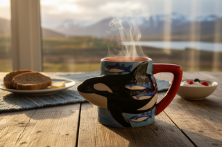 Iceland orca whale mug with 3D killer whale design, blue body, red handle, orange interior labeled “Iceland,” fun Iceland souvenir coffee cup.