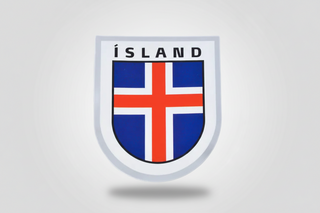 Icelandic flag emblem with 'ÍSLAND' text on a white background