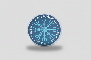 Round sticker with Áegishjálmur symbol and text on a white background