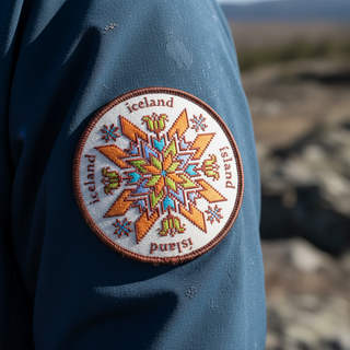 Round patch with a colorful snowflake design and 'Iceland' text on a white background