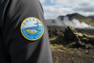 Round patch with a whale design and 'Iceland Whale Watch' text on a blue background.