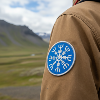Round patch with a white symbol on a blue background