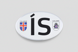 Oval-shaped  car sticker with Icelandic text and flags on a white background