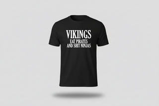 Black t-shirt with white text on a white background