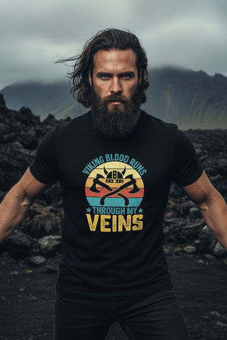 Black t-shirt with Viking-themed graphic and text on a white background