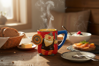 Iceland Viking gnome mug with colorful 3D bearded character holding shield and sword, red mug body, blue handle, and yellow interior labeled “Iceland.”