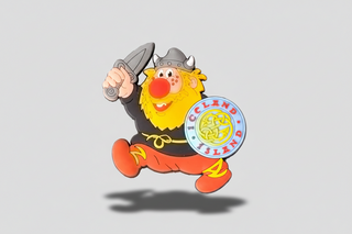 Cartoon Viking character holding a sword and shield with 'Iceland' text on a white background