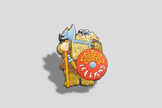 Viking character holding an axe and a shield with 'Iceland' text on a white background