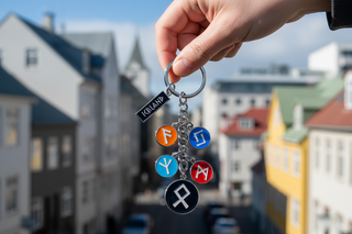Metal Iceland souvenir keyring featuring Norse runes in bright enamel colors