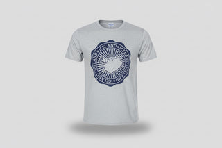 Gray t-shirt with a blue 'Iceland' graphic on a white background