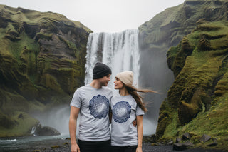 Gray t-shirt with a blue 'Iceland' graphic on a white background