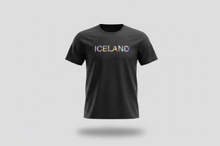 Black t-shirt with 'ICELAND' printed in colorful letters on a white background