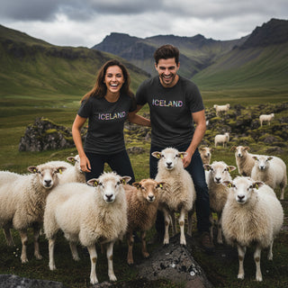 Black t-shirt with 'ICELAND' printed in colorful letters on a white background