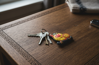 Keychain with cartoon character holding a shield on a white background