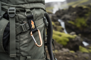Keychain with carabiner and black strap featuring a small figurine on a white background
