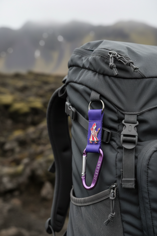 Purple carabiner with a cartoon character on a white background