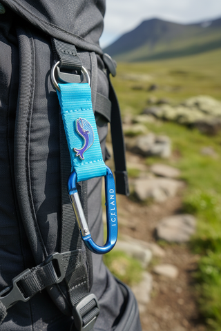 Blue carabiner keychain with a bird design and 'Iceland' text on a white background