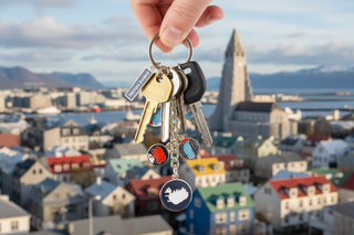 Iceland nature themed keychain with volcano glacier wave and map charms
