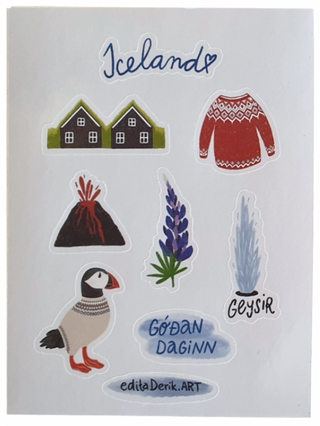 Set of stickers with Icelandic-themed graphics on a white background
