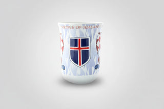 Vikings of Iceland glass mug with Viking longship and shield design and horn-shaped handle, Iceland souvenir drinking mug.