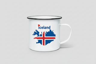 Metal Mug with Icelandic flag design and 'I love Iceland' text on a white background