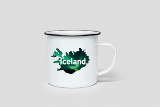 White mug with black rim featuring a map of Iceland and the word 'Iceland' on a white background