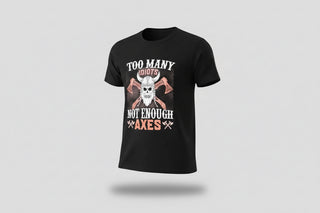 Black t-shirt with graphic design and text on a white background