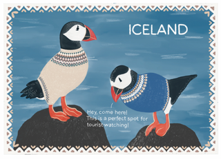 Illustration of puffins wearing sweaters with text on a blue background, featuring the word 'Iceland'.