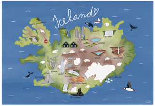 Illustrated map of Iceland with various landmarks and locations labeled.