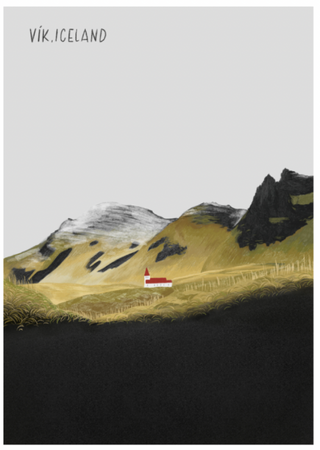 Illustration of a mountainous landscape with a small building, labeled 'Vik, Iceland'.