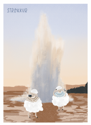 Two cartoon characters in front of a waterfall with 'STROKKUR' branding.