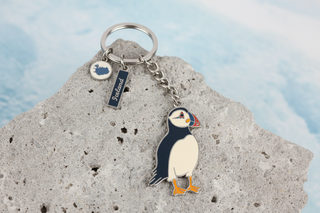 Iceland puffin keychain with enamel puffin charm, Iceland map tag and “Iceland” text souvenir