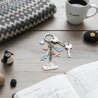 Iceland ocean themed keychain with whale fish boat starfish and shell charms
