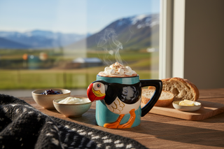 Iceland puffin mug with colorful 3D puffin design, black handle, and orange interior, fun Iceland souvenir coffee cup.