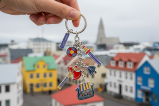 Viking themed Iceland keychain with axe sword shield and longship charms