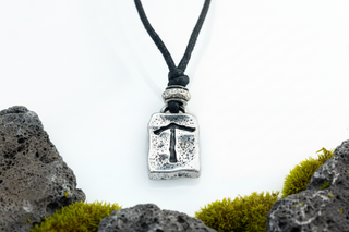 Silver-tone Icelandic Eihwaz rune pendant necklace on black cord, Viking symbol of endurance and protection