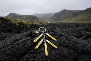 Metal Iceland souvenir keyring featuring Route 1 road signs and map charm
