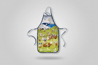 Apron with a colorful design of sheep and landscape, featuring the word 'Iceland'.