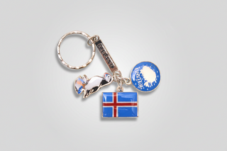 Keychain with Icelandic flag charm, puffin charm, and blue round charm on a light gray background