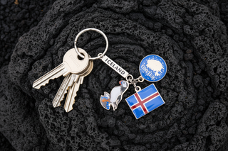 Iceland charm keychain with puffin, Icelandic flag, Iceland map, and metal Iceland tag