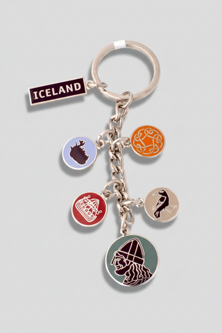 Metal Iceland souvenir keyring featuring Viking helmet ship and Nordic symbols
