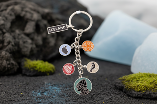 Iceland Viking themed keychain with raven longship Celtic knot and map charms