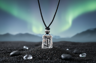 Silver-tone Icelandic Týr Tiwaz rune pendant necklace on black cord, Viking symbol of victory and courage