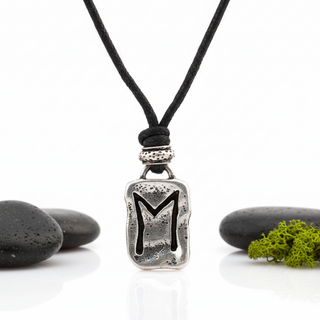 Silver-tone Icelandic Ehwaz rune pendant necklace on black cord, Viking symbol of movement and teamwork