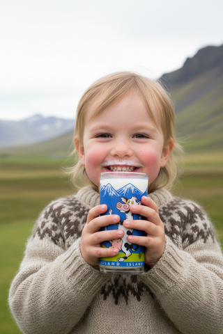 Iceland cow glass milk cup with playful cartoon cow design and mountain background, Iceland souvenir drinking glass.