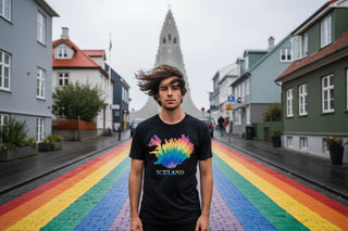 Black t-shirt with a colorful map of Iceland design on a white background
