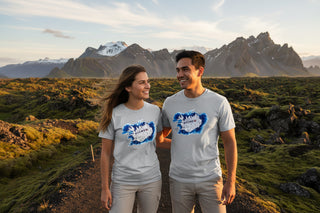 Gray t-shirt with blue graphic design on a white background